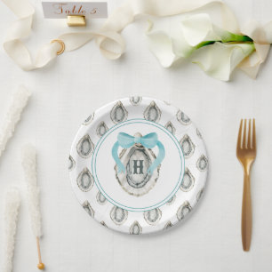 Watercolor Monogram Coastal Blue Bow Oyster Paper Plates