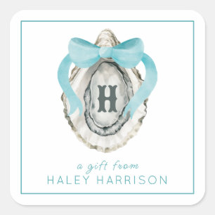 Watercolor Monogram Coastal Blue Bow Oyster Square Sticker