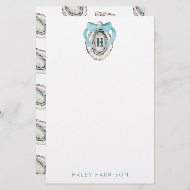 Watercolor Monogram Coastal Blue Bow Oyster Stationery (Front/Back)