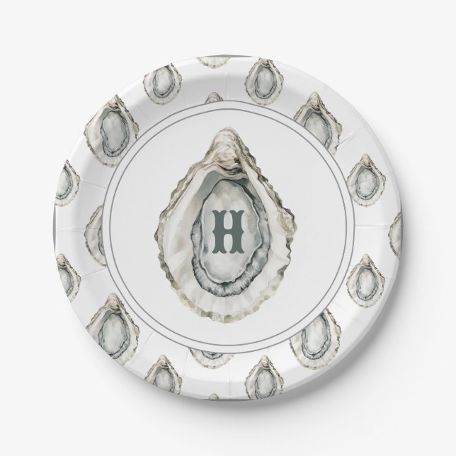 Watercolor Monogram Coastal Oyster Paper Plates (Front)