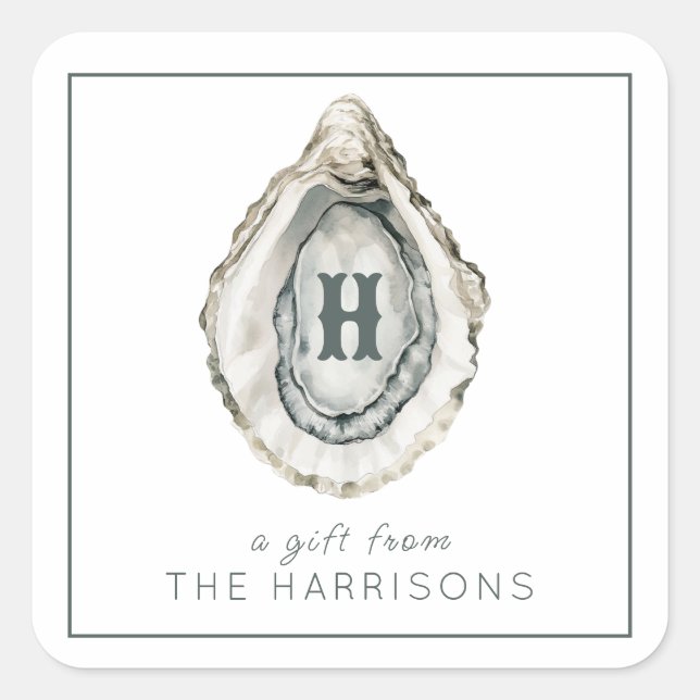 Watercolor Monogram Coastal Oyster Square Sticker (Front)