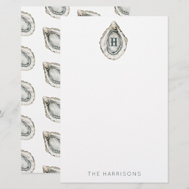 Watercolor Monogram Coastal Oyster Stationery (Front/Back)