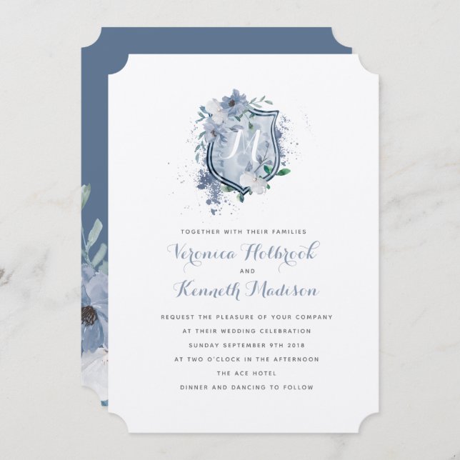 Watercolor Monogram Crest Wedding invitation (Front/Back)