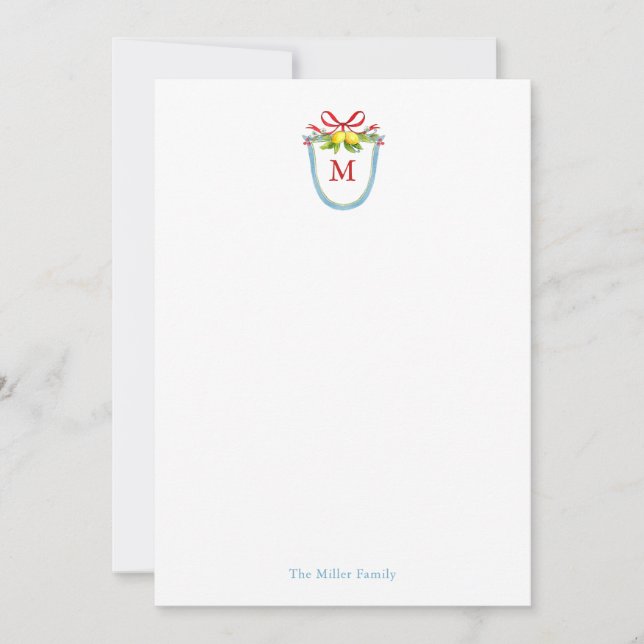 Watercolor Monogram crest with lemons Note Card (Front)