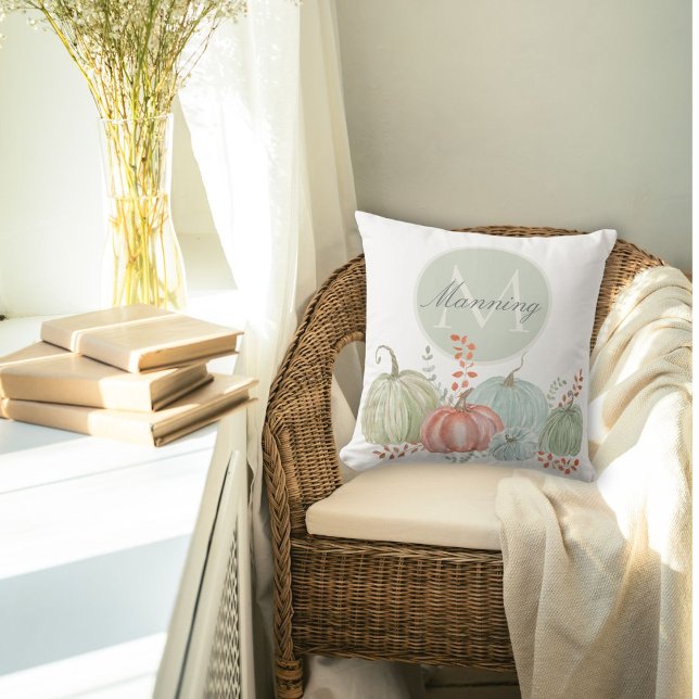 Watercolor Monogram Fall Pumpkins  Throw Pillow (Creator Uploaded)