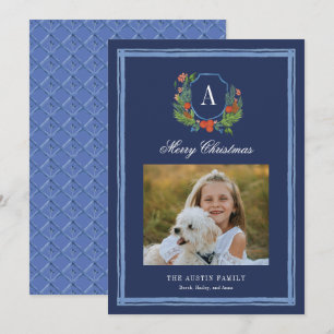 Watercolor Monogram Family Crest Christmas Holiday Card