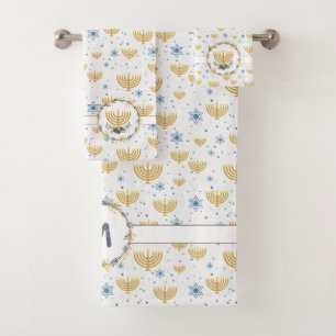 Watercolor Monogram + Floral   Hanukkah Pattern Bath Towel Set