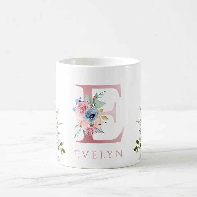 Watercolor Monogram Floral Letter E Coffee Mug (Center)