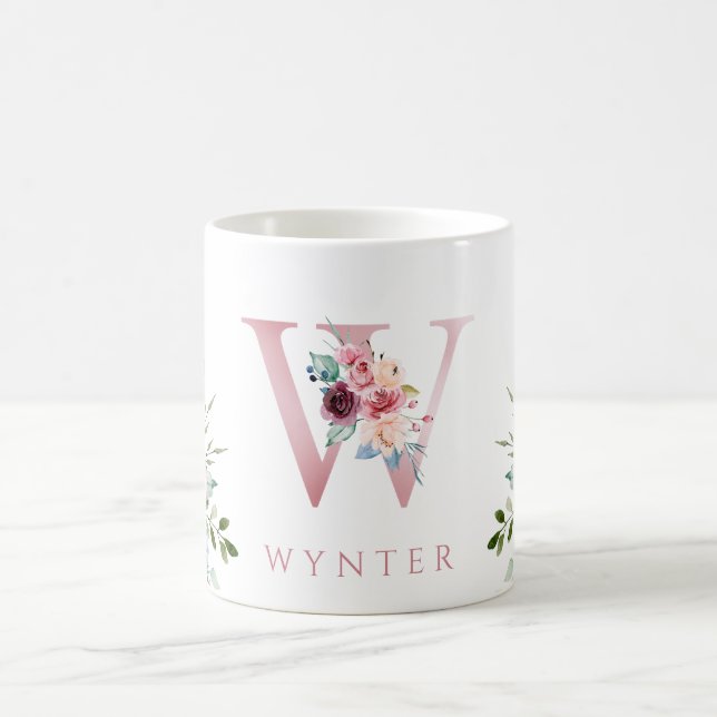 Watercolor Monogram Floral Letter W Coffee Mug (Center)
