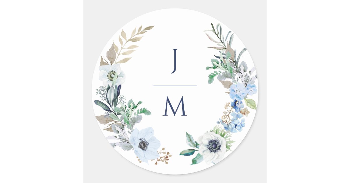 Watercolor Monogram Floral Wreath Wedding Classic Round Sticker | Zazzle
