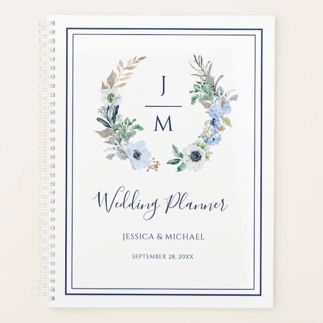 Watercolor Monogram Floral Wreath Wedding Planner (Front)