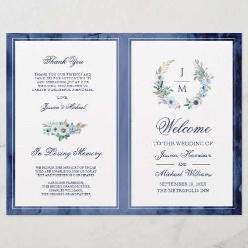 Watercolor Monogram Floral Wreath Wedding Program