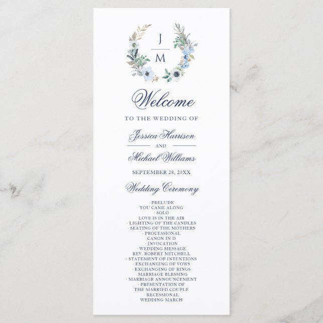 Watercolor Monogram Floral Wreath Wedding Program (Front)