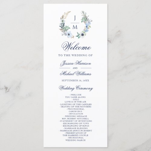 Watercolor Monogram Floral Wreath Wedding Program