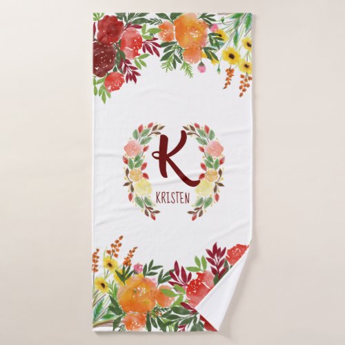 Watercolor Monogram Flower Rose Wreath Handpainted Bath Towel