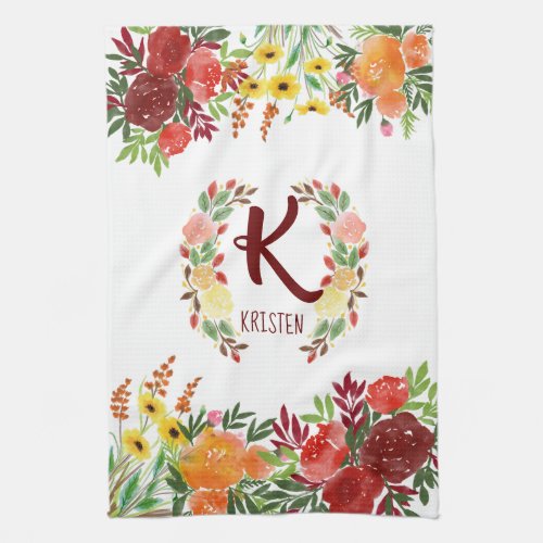 Watercolor Monogram Flower Rose Wreath Handpainted Kitchen Towel