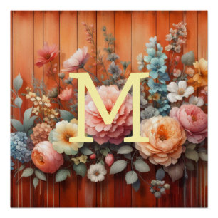 Watercolor monogram flowers terracotta color wood poster