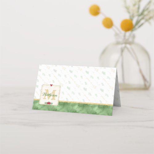 Watercolor Monogram Green  Gold  Peace on Earth Place Card