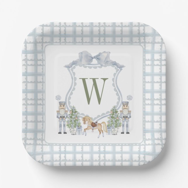 Watercolor Monogram Initial Nutcracker Crest Gift Paper Plates (Front)