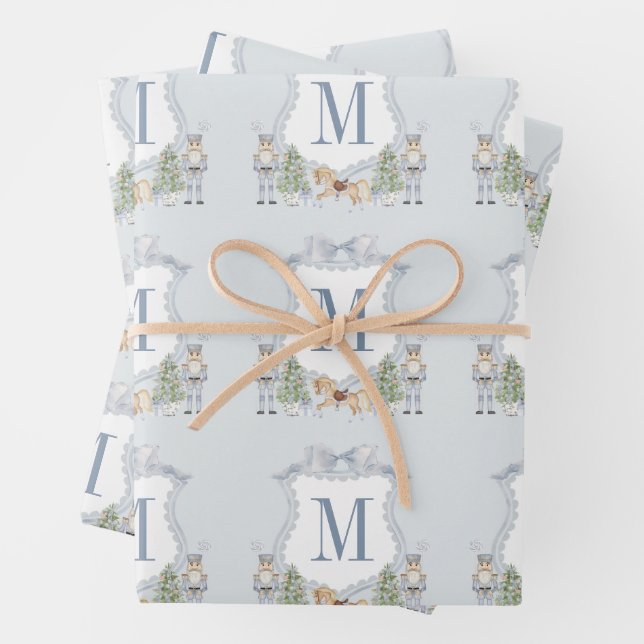 Watercolor Monogram Initial Nutcracker Crest Gift Wrapping Paper Sheets (In situ)