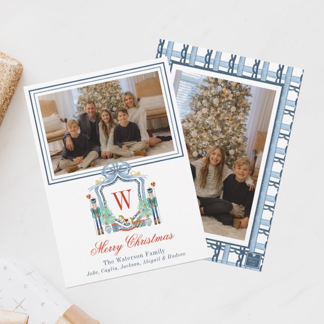 Watercolor Monogram Initial Nutcracker Crest Photo Holiday Card (Creator Uploaded)