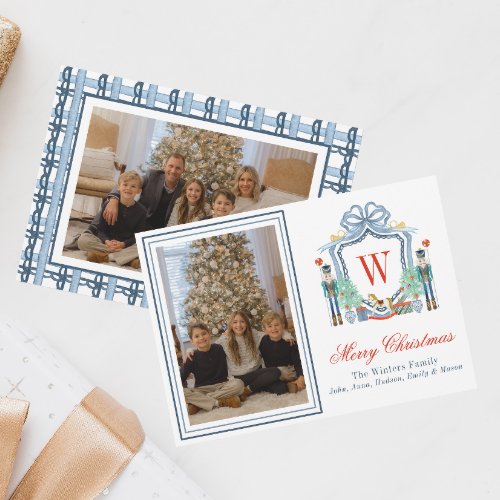 Watercolor Monogram Initial Nutcracker Crest Photo Holiday Card