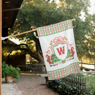 Watercolor Monogram Initial Plaid Santa Crest House Flag