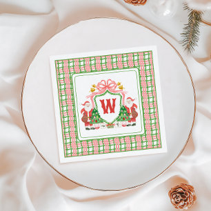 Watercolor Monogram Initial Plaid Santa Crest Napkins