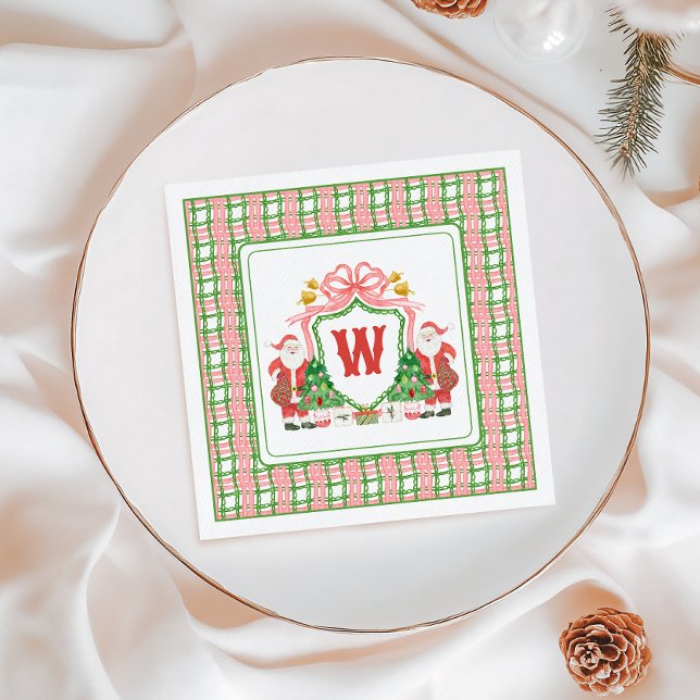Watercolor Monogram Initial Plaid Santa Crest Napkins (Creator Uploaded)