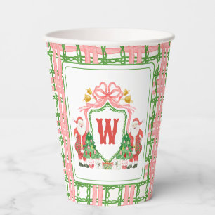 Watercolor Monogram Initial Plaid Santa Crest Paper Cups