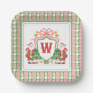 Watercolor Monogram Initial Plaid Santa Crest Paper Plates