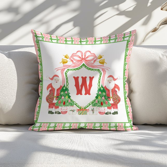 Watercolor Monogram Initial Plaid Santa Crest Throw Pillow (Creator Uploaded)