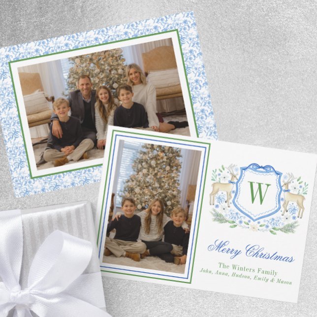 Watercolor Monogram Initial Reindeer Crest Photo Holiday Card (Creator Uploaded)