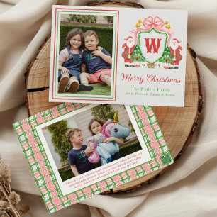 Watercolor Monogram Initial Santa Crest Photo Holiday Card