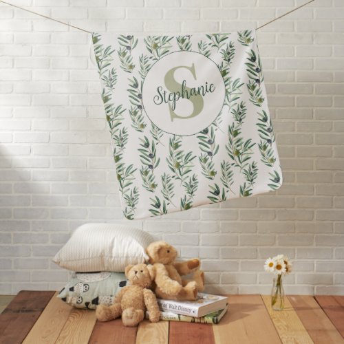 Watercolor Monogram Name Olive Branches Pattern Baby Blanket