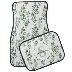 Watercolor Monogram Name Olive Branches Pattern Car Floor Mat