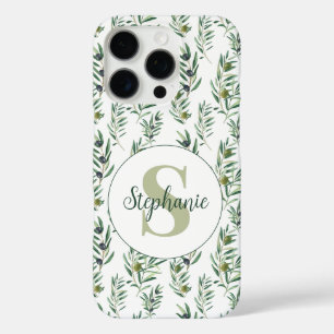 Watercolor Monogram Name Olive Branches Pattern iPhone 16 Pro Case