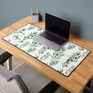 Watercolor Monogram Name Olive Branches Pattern Desk Mat