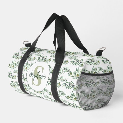 Watercolor Monogram Name Olive Branches Pattern Duffle Bag