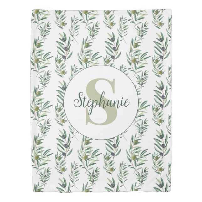 Watercolor Monogram Name Olive Branches Pattern Duvet Cover (Front)