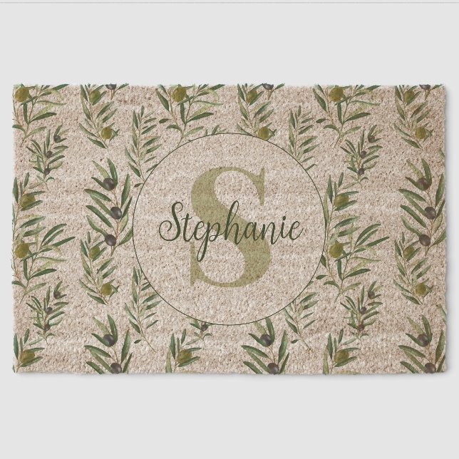 Watercolor Monogram Name Olive Branches Pattern Fiber Doormat (Front)