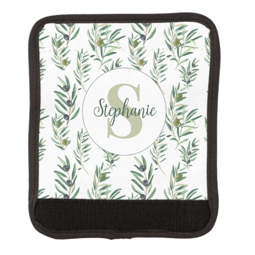 Watercolor Monogram Name Olive Branches Pattern Luggage Handle Wrap