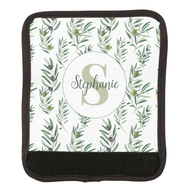 Watercolor Monogram Name Olive Branches Pattern Luggage Handle Wrap (Front)