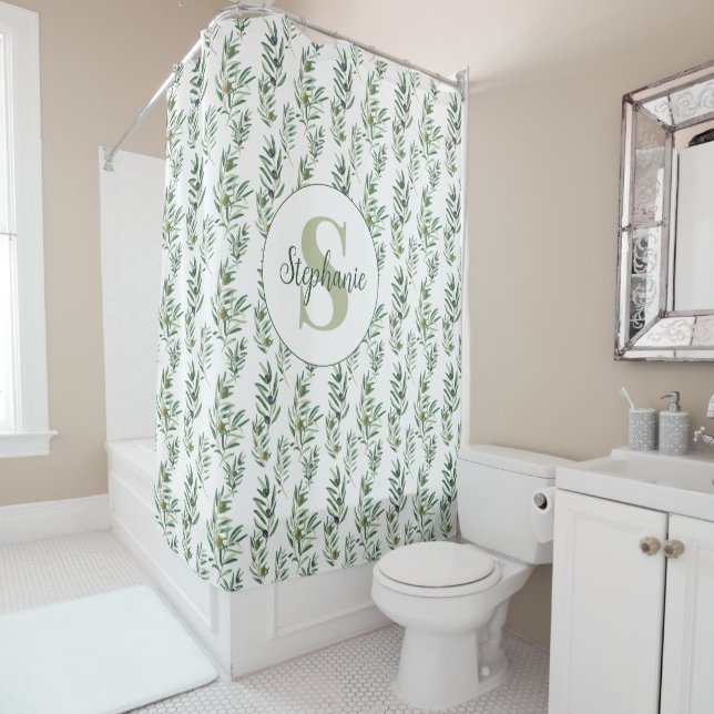 Watercolor Monogram Name Olive Branches Pattern Shower Curtain (In Situ)