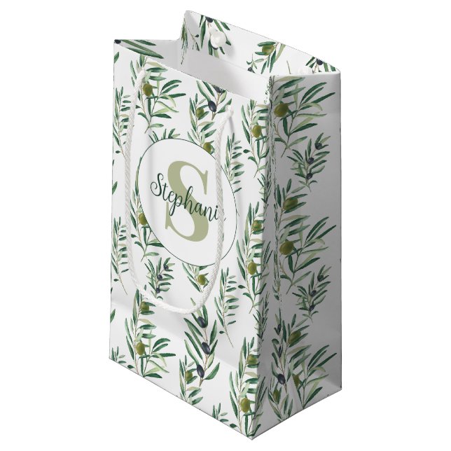 Watercolor Monogram Name Olive Branches Pattern Small Gift Bag (Front Angled)