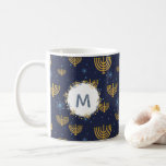 Watercolor Monogram Navy Blue   Hanukkah Pattern Coffee Mug<br><div class="desc">This Festival of Lights / Hanukkah design features a navy blue watercolor monogram in a circle bordered by a wreath with matching navy blue and gold flowers. The background pattern of menorah and Star of David is set on navy blue. The background may be changed to any color by choosing...</div>
