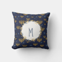 Watercolor Monogram Navy Blue + Hanukkah Pattern Throw Pillow