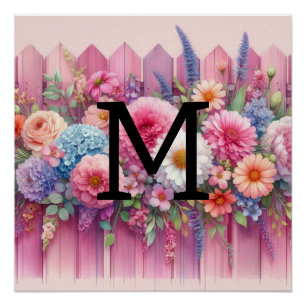Watercolor monogram pastels flowers on pink wood poster