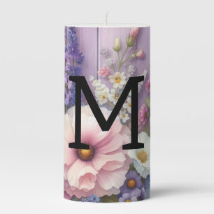 Watercolor monogram pastels flowers on purple wood pillar candle