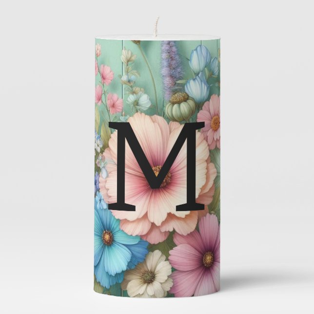 Watercolor monogram pastels flowers on teal wood pillar candle (Front)